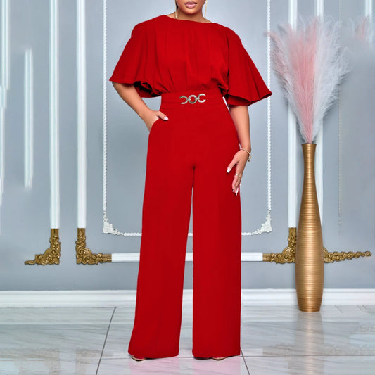 Fashion Round Neck Solid Color High Waist Plus Size African Wide Leg Jumpsuit by GJG Denim
