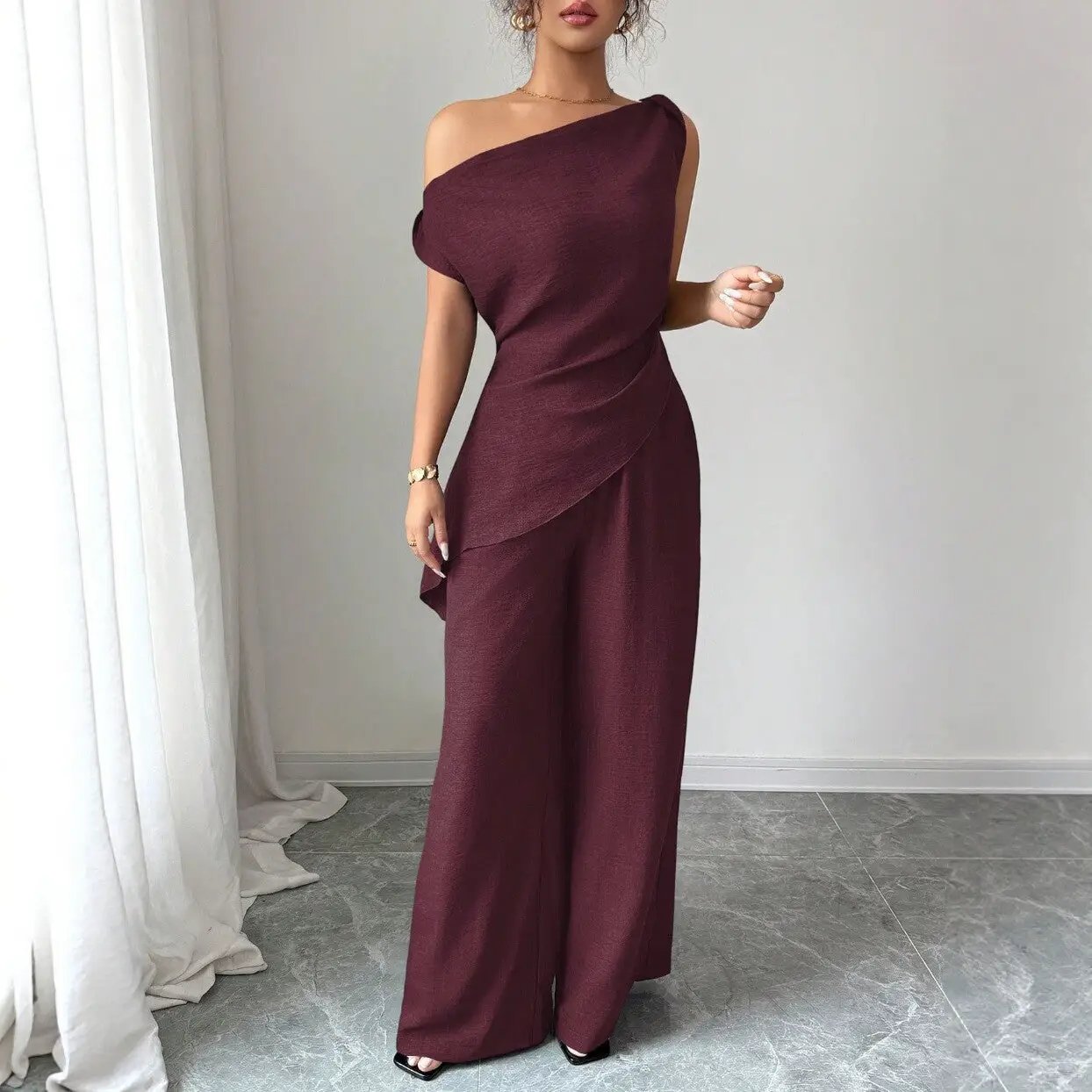 Solid-color Wide-leg Pants Suit For Women by GJG Denim