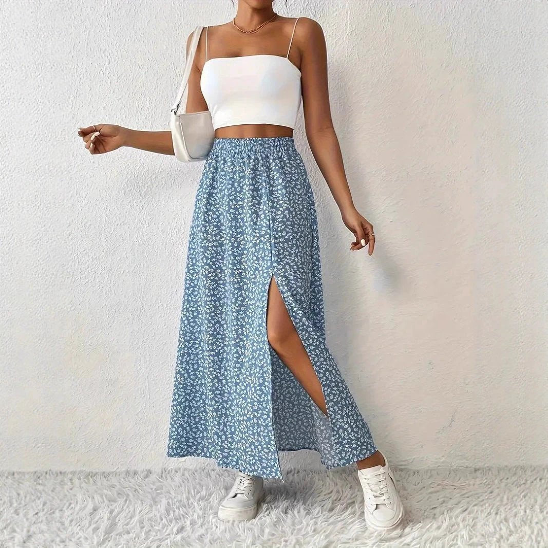 Women's Fashionable With Side-slit Printed Skirt by GJG Denim