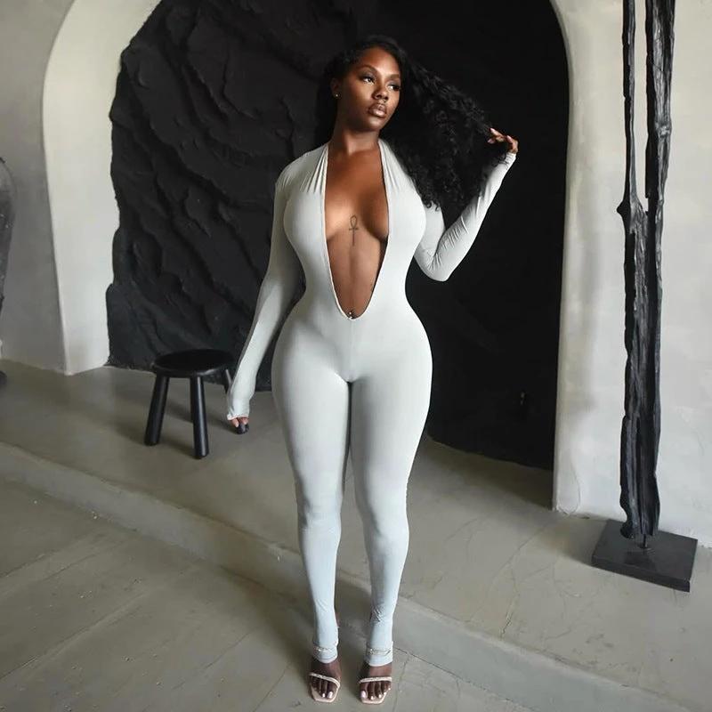 New Women's Fashion Sexy Backless Deep V Long Sleeve Solid Color Tight Jumpsuit by GJG Denim