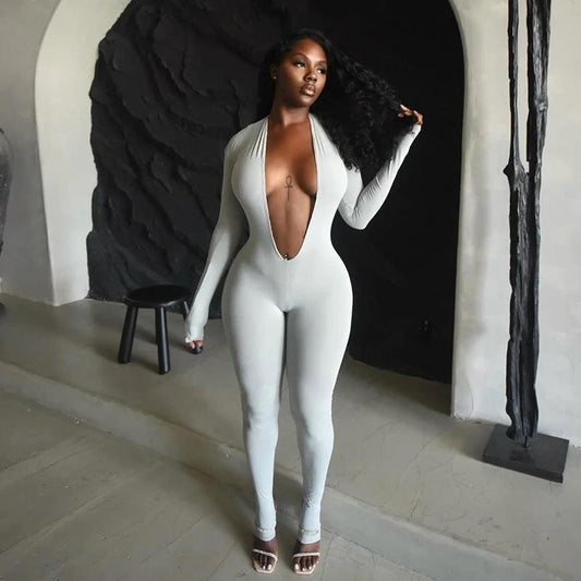 New Women's Fashion Sexy Backless Deep V Long Sleeve Solid Color Tight Jumpsuit by GJG Denim