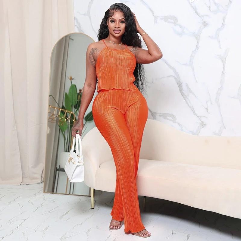 Summer New Pleated Solid Color Sling Top Wide Leg Trousers Casual Suit by GJG Denim