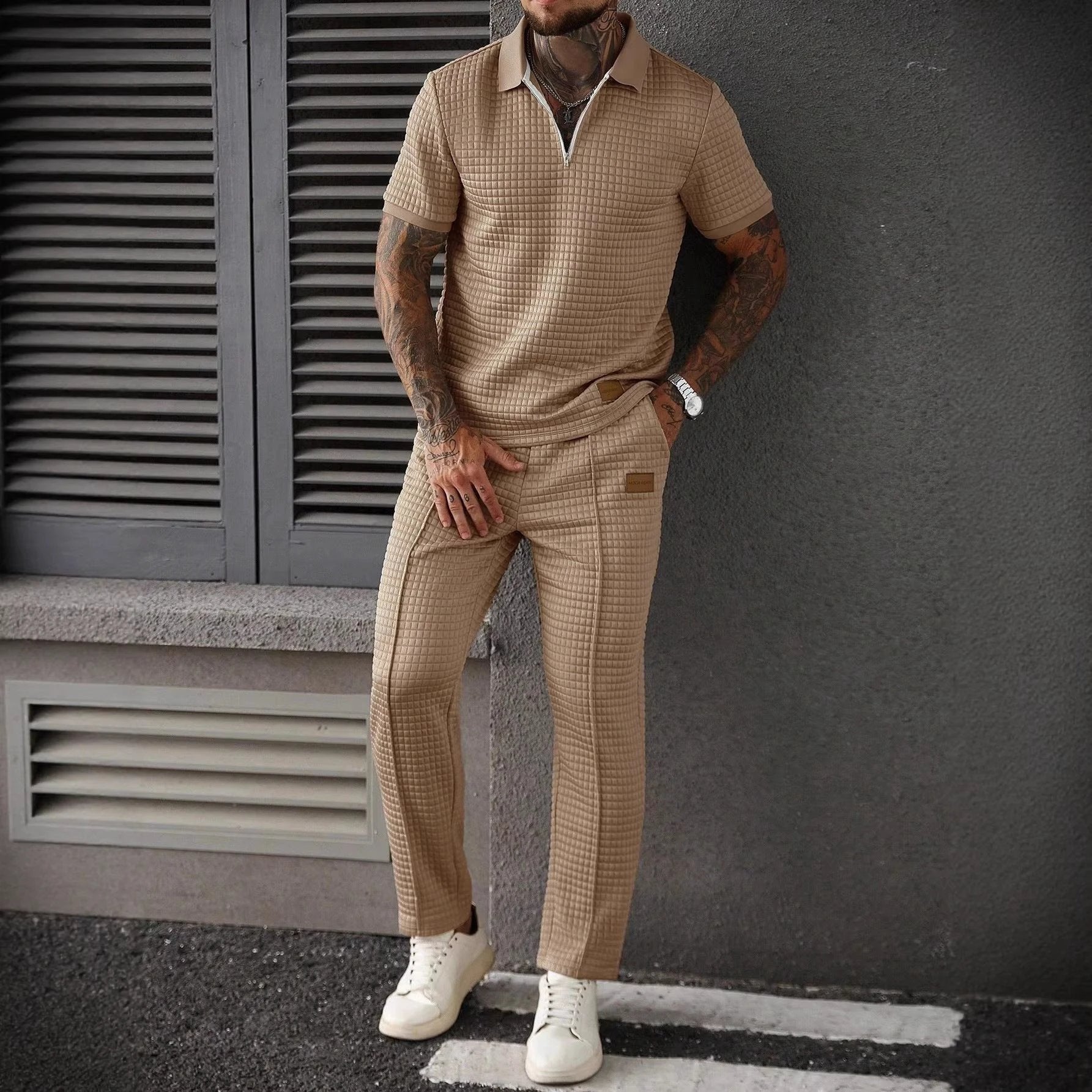 Casual Zip-Up Polo Shirt Top And Pants Two-Piece Set For Men by GJG Denim