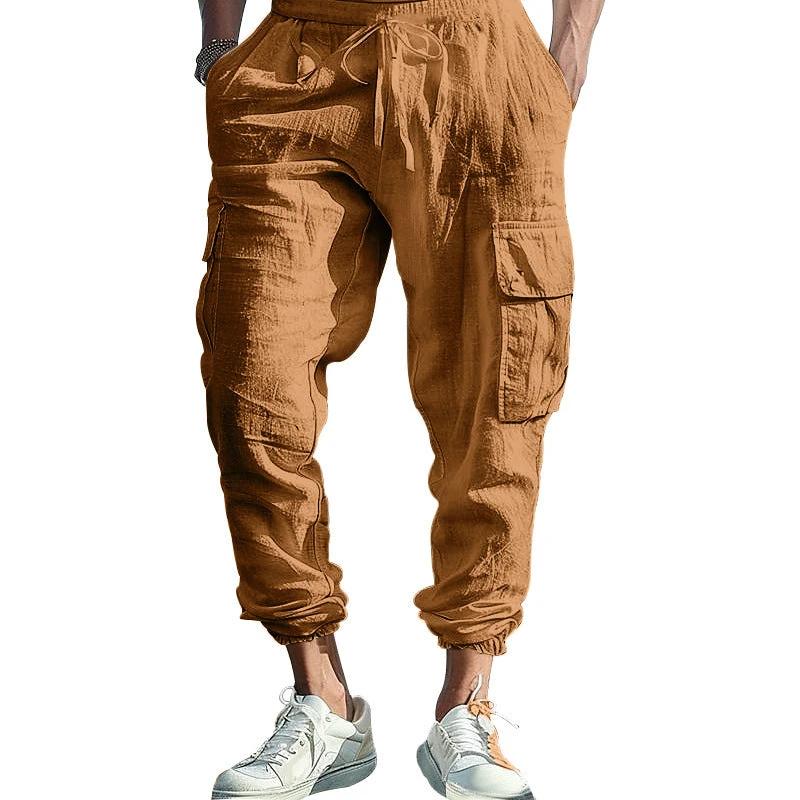 Men's Casual Ankle-tied Multi-pocket Tether Solid Color Loose Pants by GJG Denim