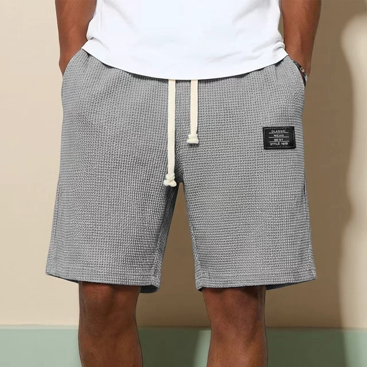 Men's Simple Waffle Knit Embroidered Casual Solid Color Shorts by GJG Denim