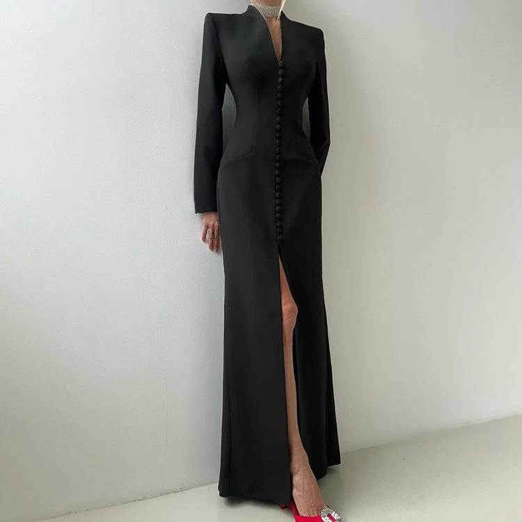 V-neck Long Sleeve High Waist Slit French Dress by GJG Denim