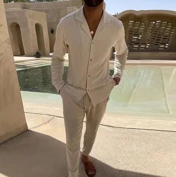 Casual Long-sleeved Suits Fashion Lapel Single-breasted Shirt Top And Slim-fit Trousers Men Clothing by GJG Denim