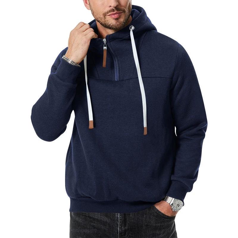 Men's Heavy Fleece-lined Half-zip Sporty Casual Hooded Sweatshirt by GJG Denim