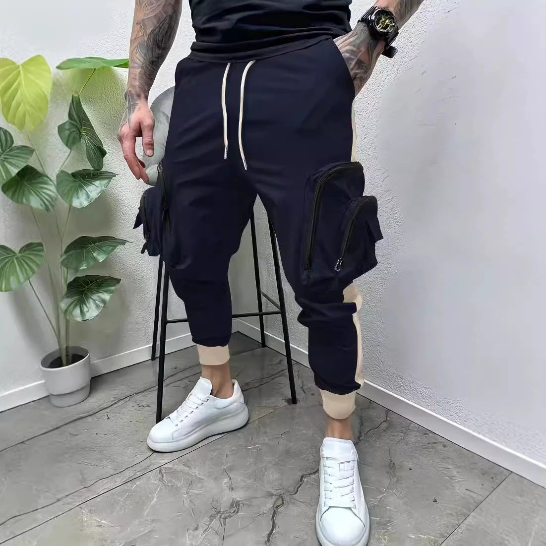 Casual Zipper Multi-pocket Color Matching Tapered Pants For Men by GJG Denim
