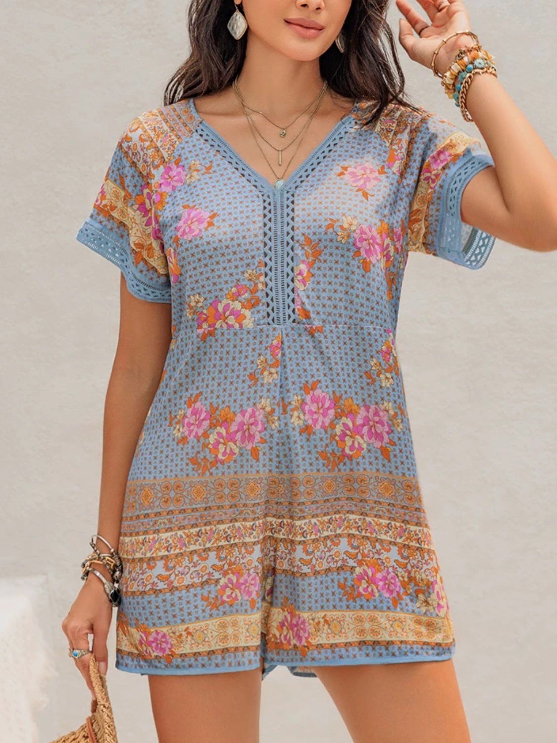 Printed V-Neck Short Sleeve Romper by Lady Ros
