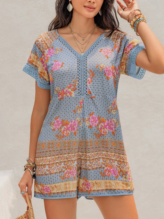 Printed V-Neck Short Sleeve Romper by Lady Ros