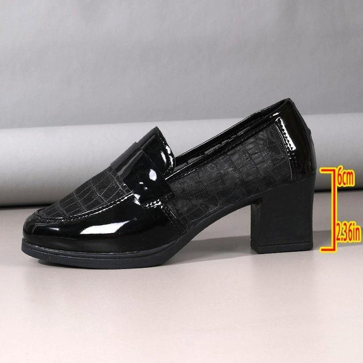 2026 Summer Women's Mesh Breathable High Heels, Hollow Soft Leather Pumps, Mid-Heel Chunky Heel Office Shoes With Soft Sole by GJG Denim