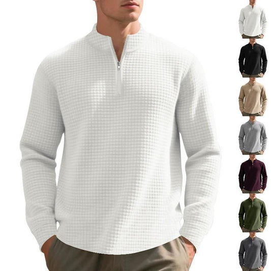 Men's Stand Collar Half Zip Small Plaid Sweater by GJG Denim