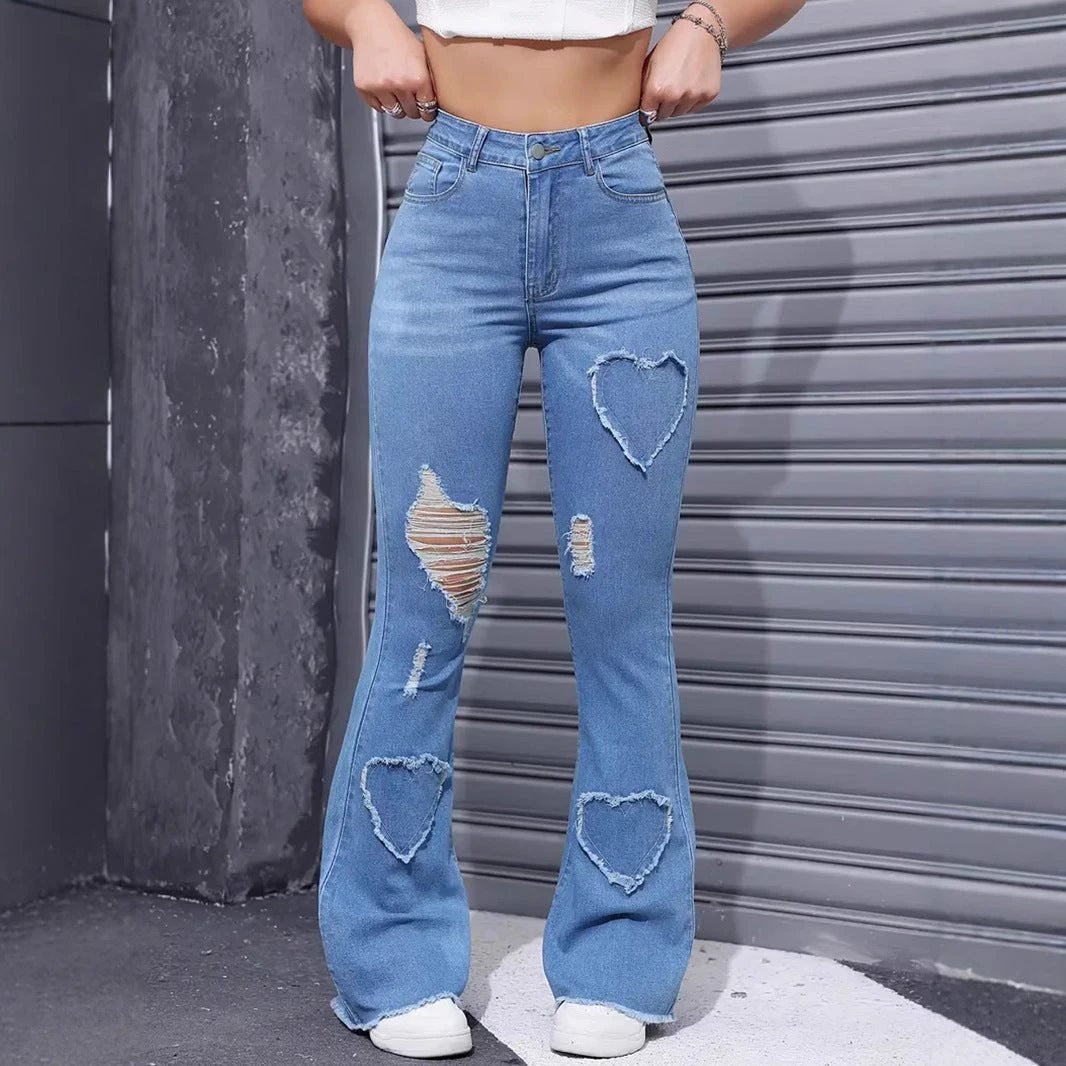 Washed Casual Heart-shaped Ripped Stretch Flared Jeans by GJG Denim