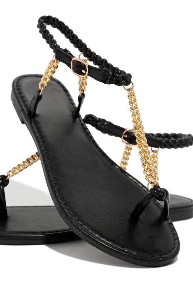 Round Toe Flat Toe Metal Chain Sandals Women's Large Size Beach Sandals by GJG Denim