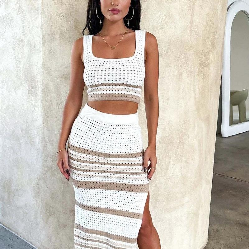 Summer New Sleeveless Vest Sexy Slit Striped Skirt Knitting Suit by GJG Denim