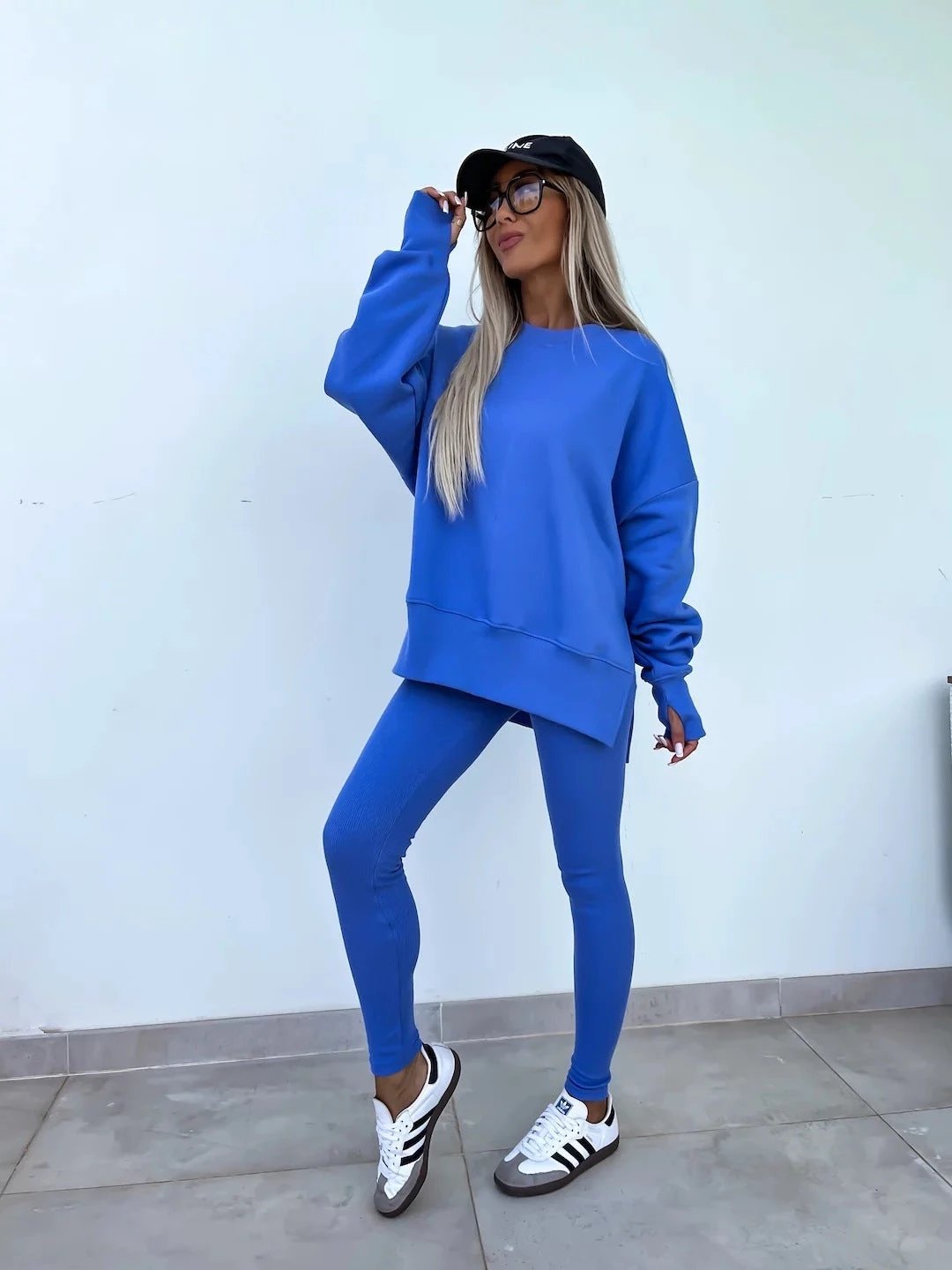 Sweater Suit Women's Casual Loose Long Sleeve Crew Neck Split Top Tight Trousers by GJG Denim