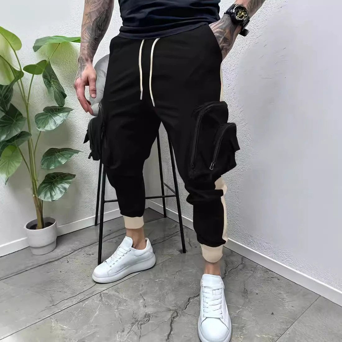 Casual Zipper Multi-pocket Color Matching Tapered Pants For Men by GJG Denim