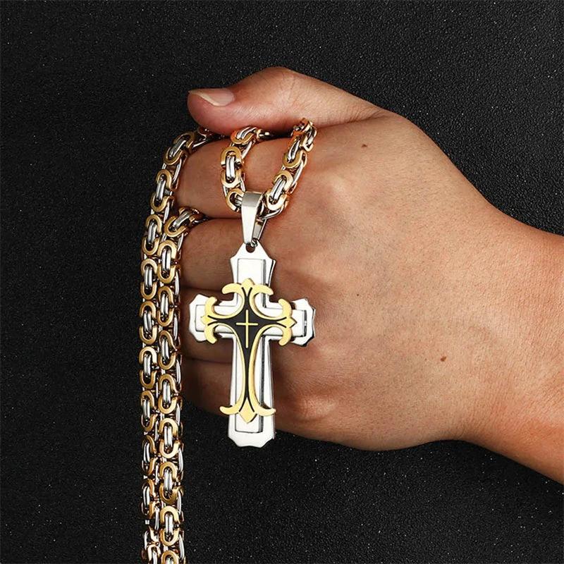 Christian Trinity Latin Cross Necklace For Men Stainless Steel Three Layers by GJG Denim
