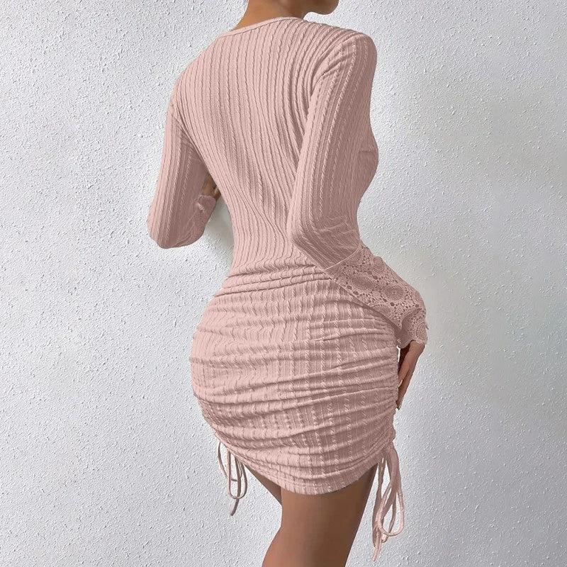 Women's Elegant Bodycon Dress - Round Neck With Button Detail, Solid Color Long Sleeve Lace Cuff & Drawstring Hem Holiday Dress by GJG Denim