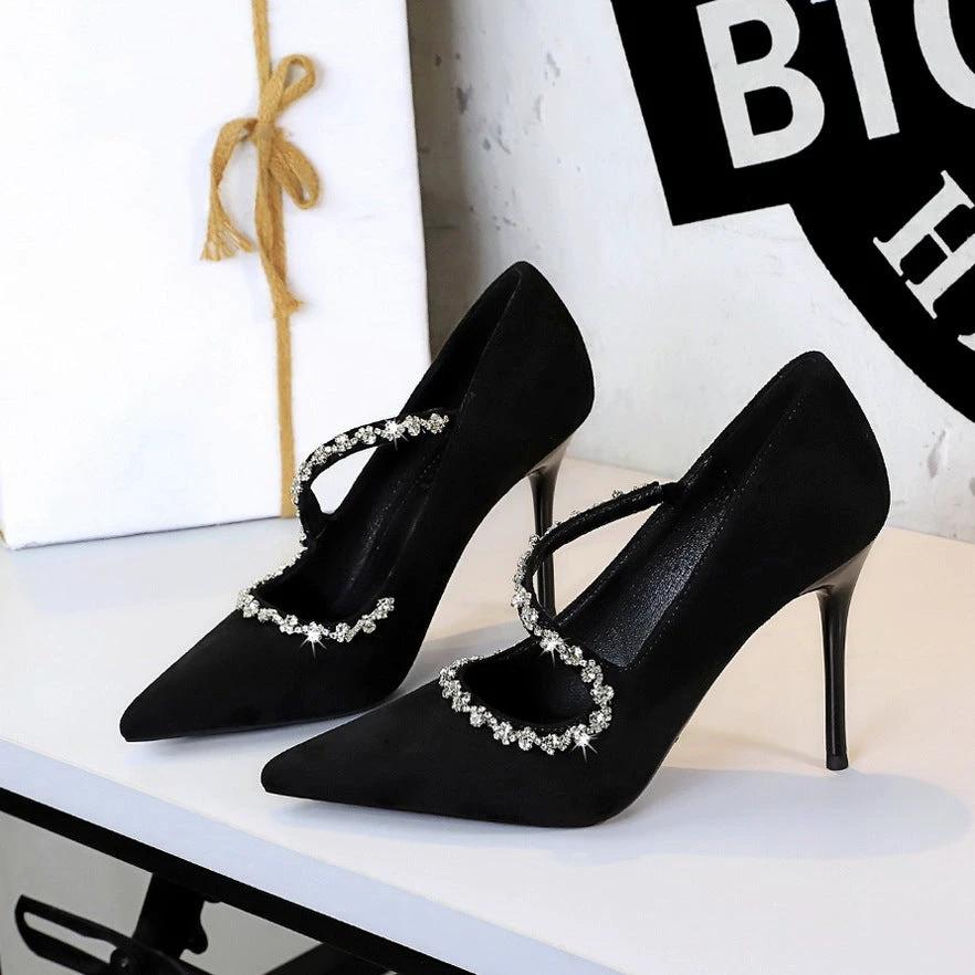 Pointed High Heels Diamond Chain Single Strap Thin Heels by GJG Denim
