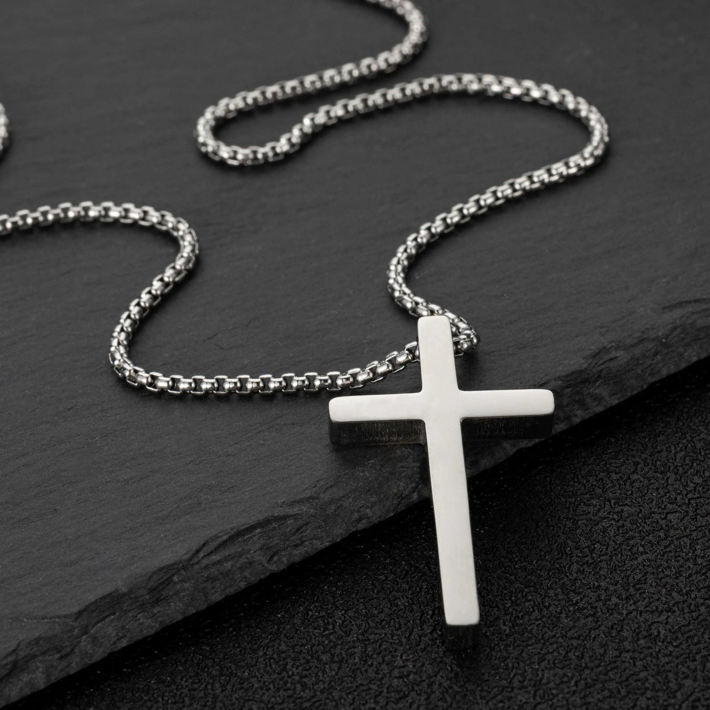 Simple Box Chain Stainless Steel Cross Necklace For Men by GJG Denim