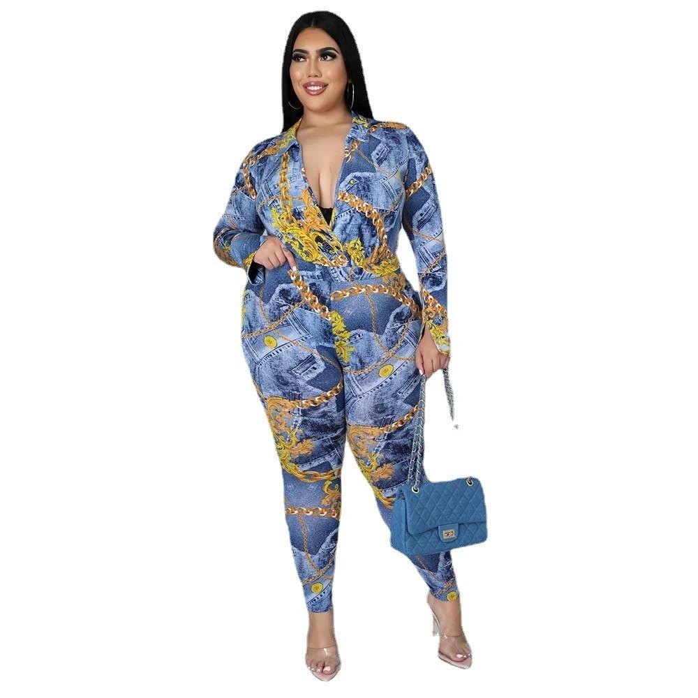 Plus Size Women's Autumn New Fashion V-neck Printed Shirt Trousers Suit by GJG Denim