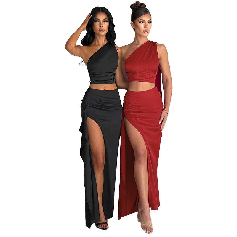 One-shoulder Satin Short Top High Waist Split Maxi Skirt by GJG Denim