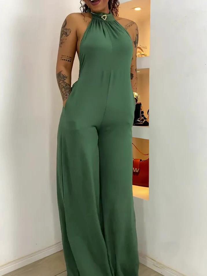 Green Halter-neck Backless Jumpsuit by GJG Denim
