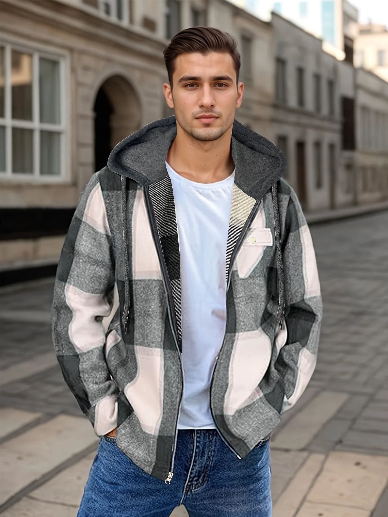 Men's Flannel Jacket Zipper Hooded Jacket by GJG Denim