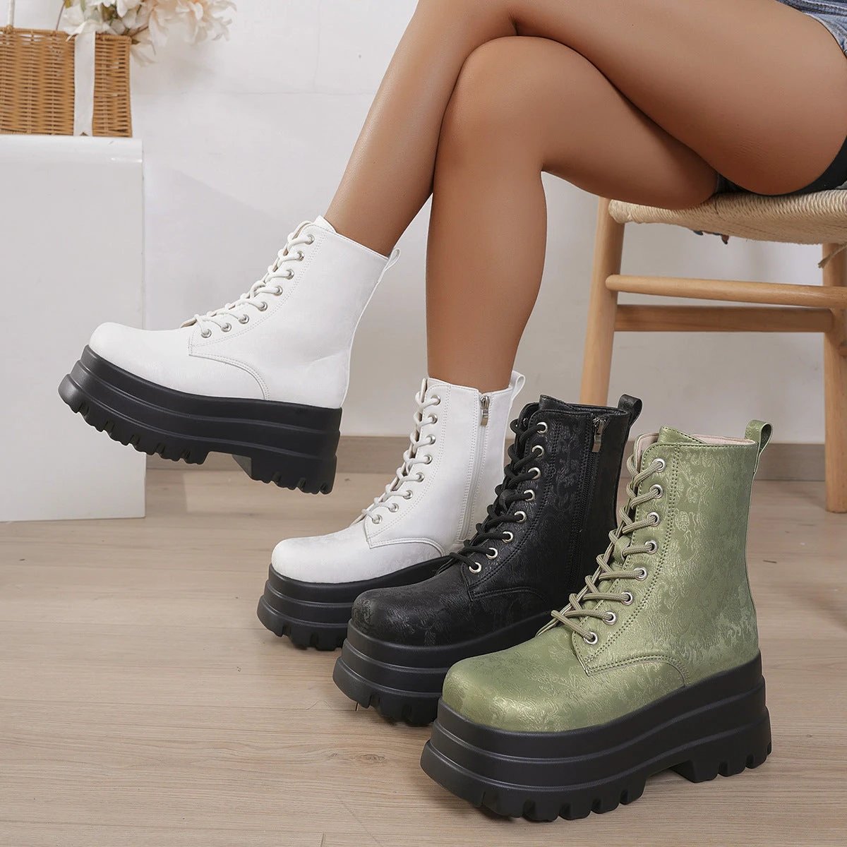 Women's Three-layer Platform Plus Round Toe Patchwork Retro Cool Martin Boots by GJG Denim