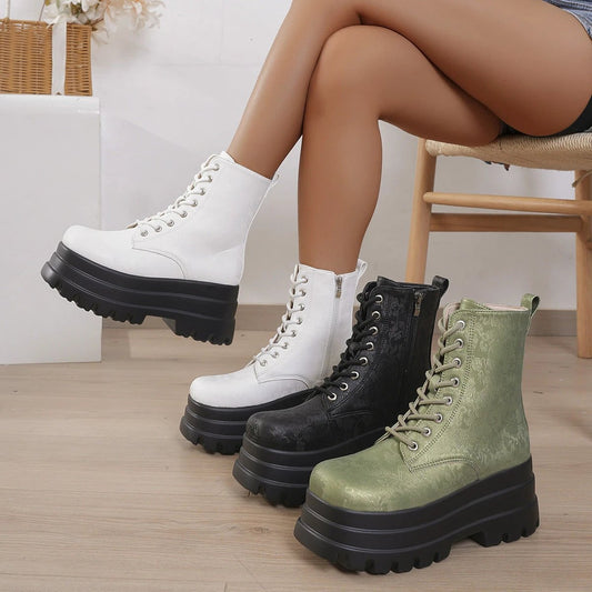 Women's Three-layer Platform Plus Round Toe Patchwork Retro Cool Martin Boots by GJG Denim