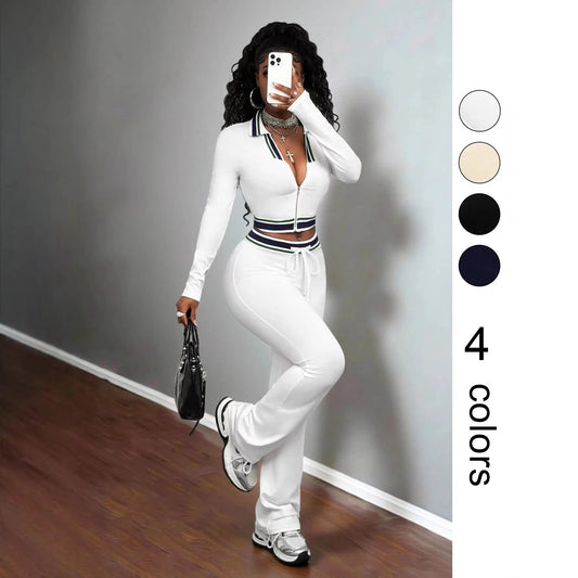Crop Top And Tight-Fit Casual Sports Two-Piece Set by GJG Denim