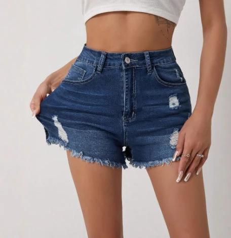 Womens High-waisted Slim-fit Ripped Denim Shorts by GJG Denim