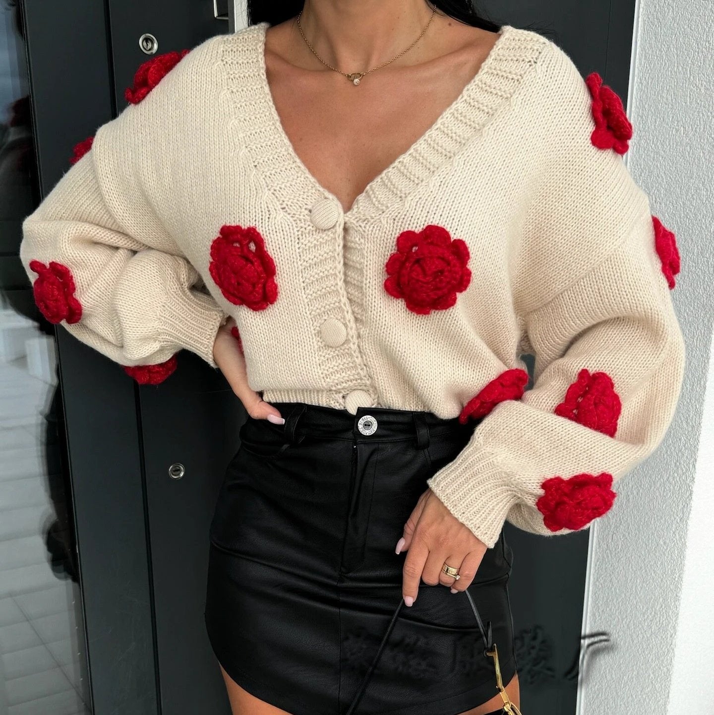 Three-dimensional Women's Flower Shape Loose V-neck Buttons Sweater by GJG Denim