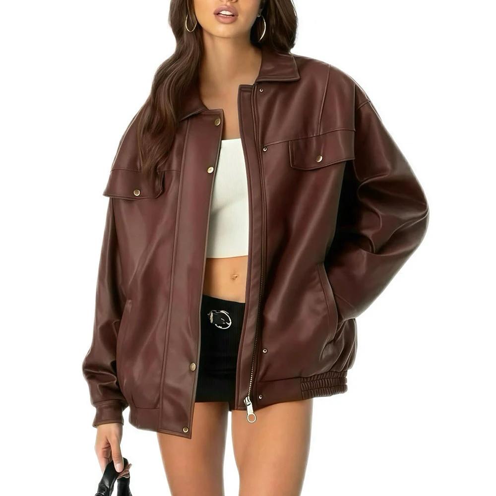 Women's Leather Jacket Loose Long Sleeve Lapel Motorcycle Jacket by GJG Denim