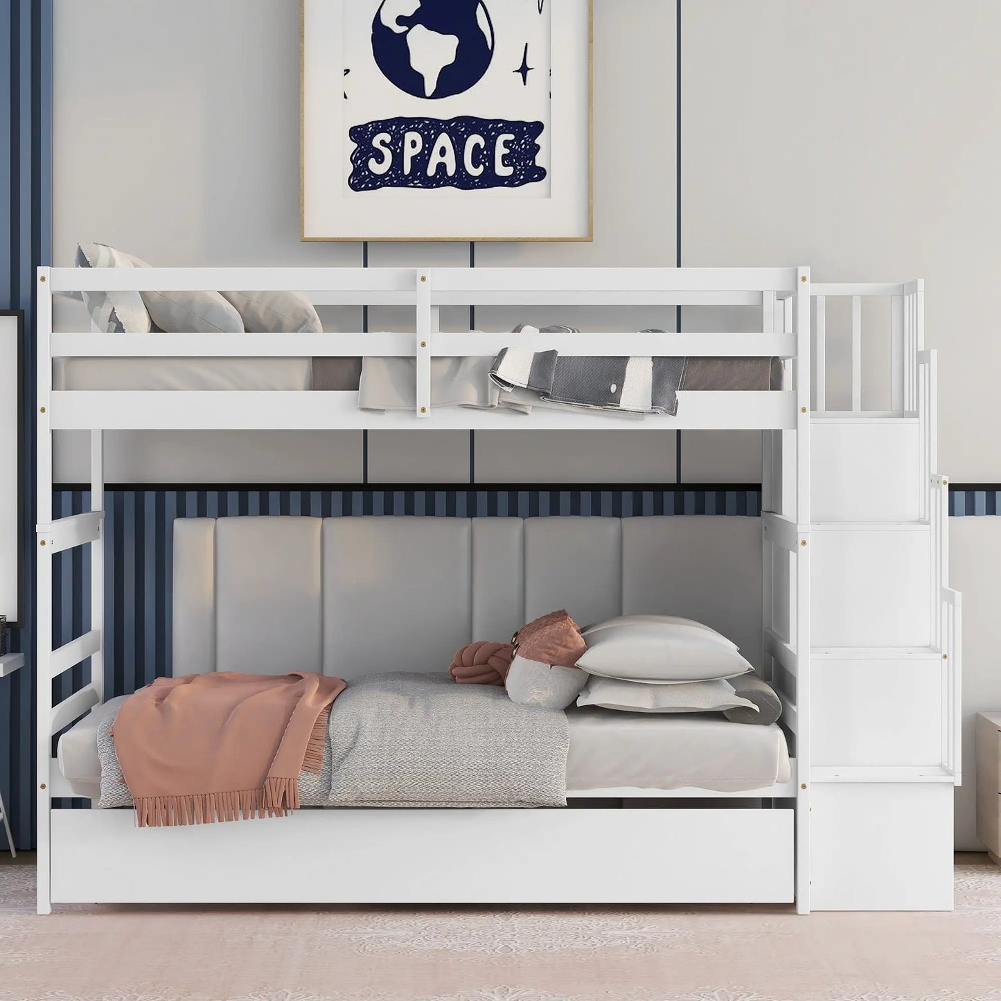 Twin Over Twin Bunk Beds With Twin Trundle And Stairway Storage Function In White Color by GJG Denim
