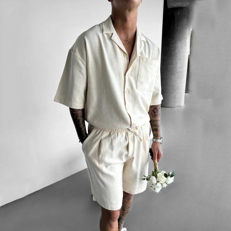 Casual Polo Collar Pocket Loose Short Sleeve Shirt Shorts Suit by GJG Denim