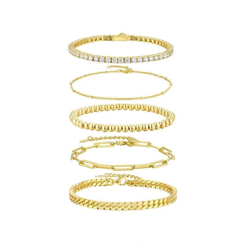 S925 Silver Gold Fashion 5-piece Stacked Bracelet by GJG Denim