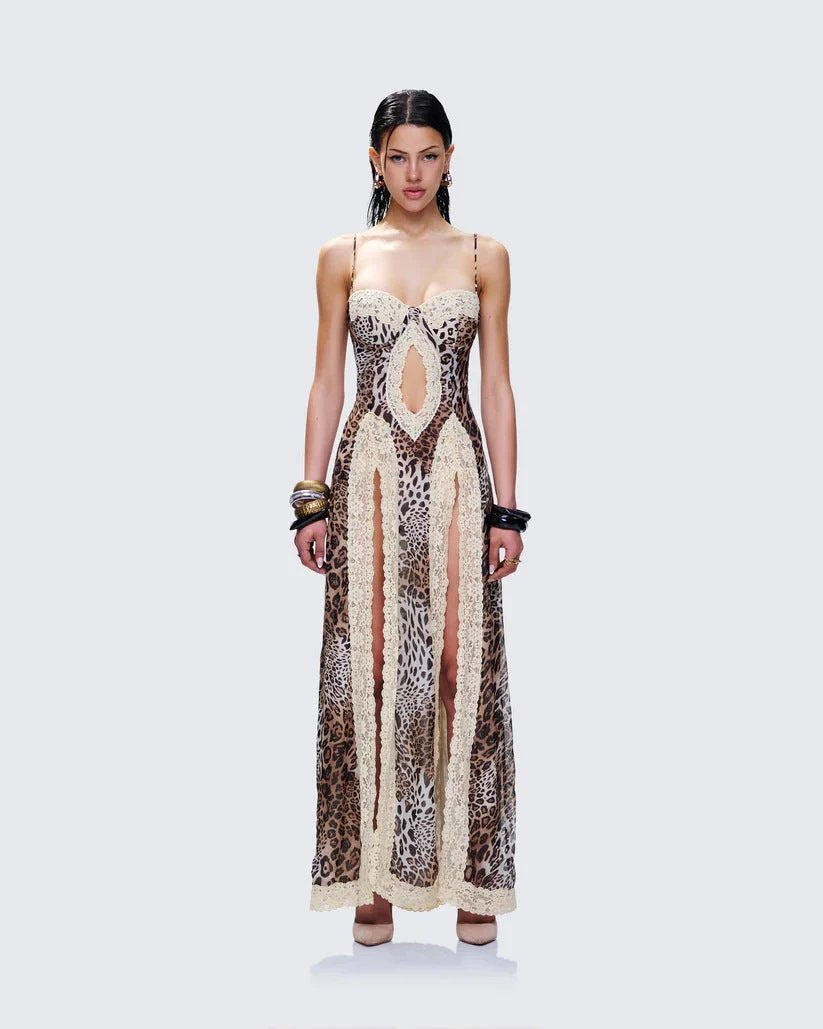 Leopard Print Sling Lace Patchwork Slit Exposed Navel Dress by GJG Denim