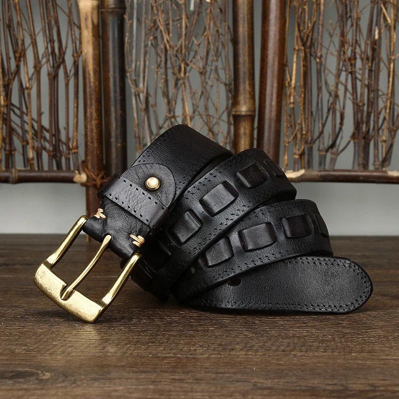 Retro Genuine Leather With Brass Buckle Belt For Men by GJG Denim
