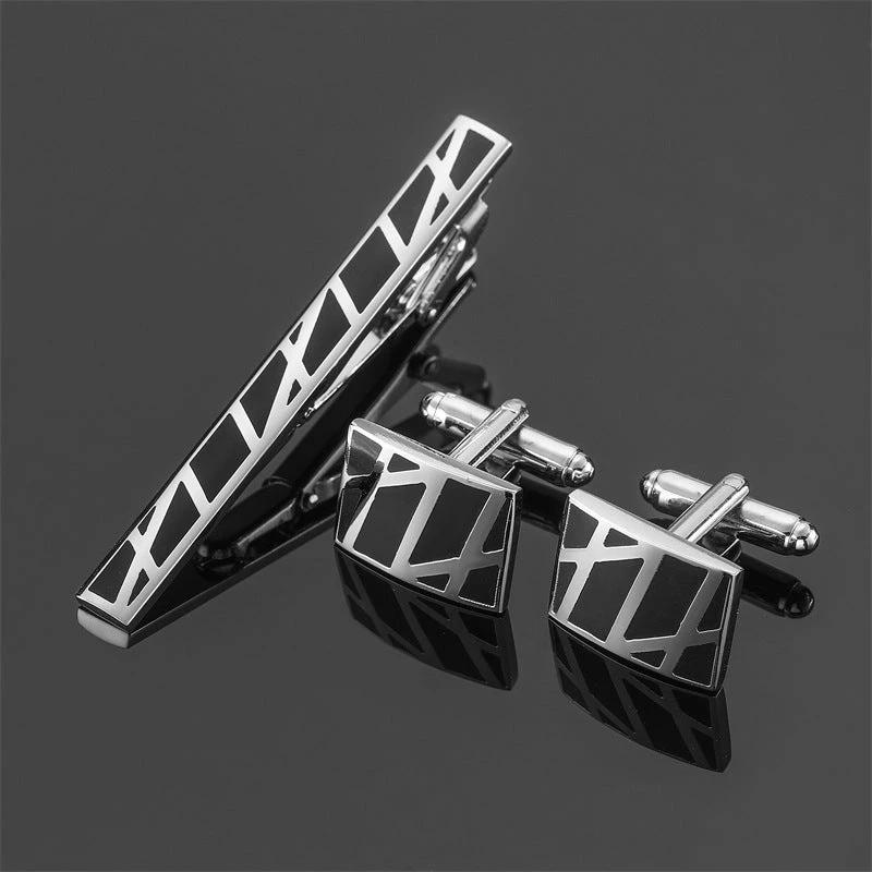 Gold Silver Black Square Brushed Tie Clip And Cufflinks by GJG Denim