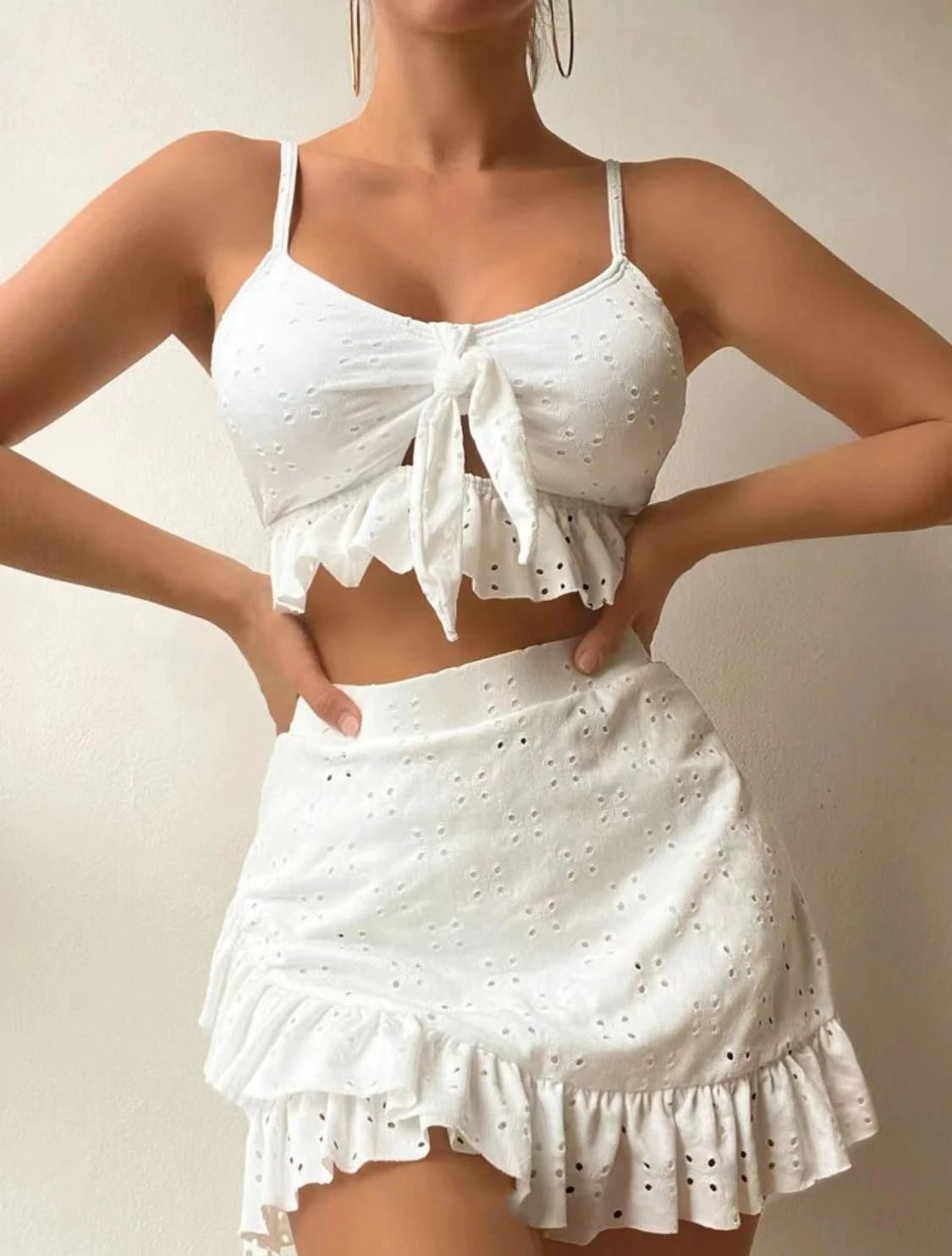 3pcs Beach Bikini With Hip-hugging Skirt Fashion Ruffle Design Swimsuit Set Summer Womens Clothing by GJG Denim