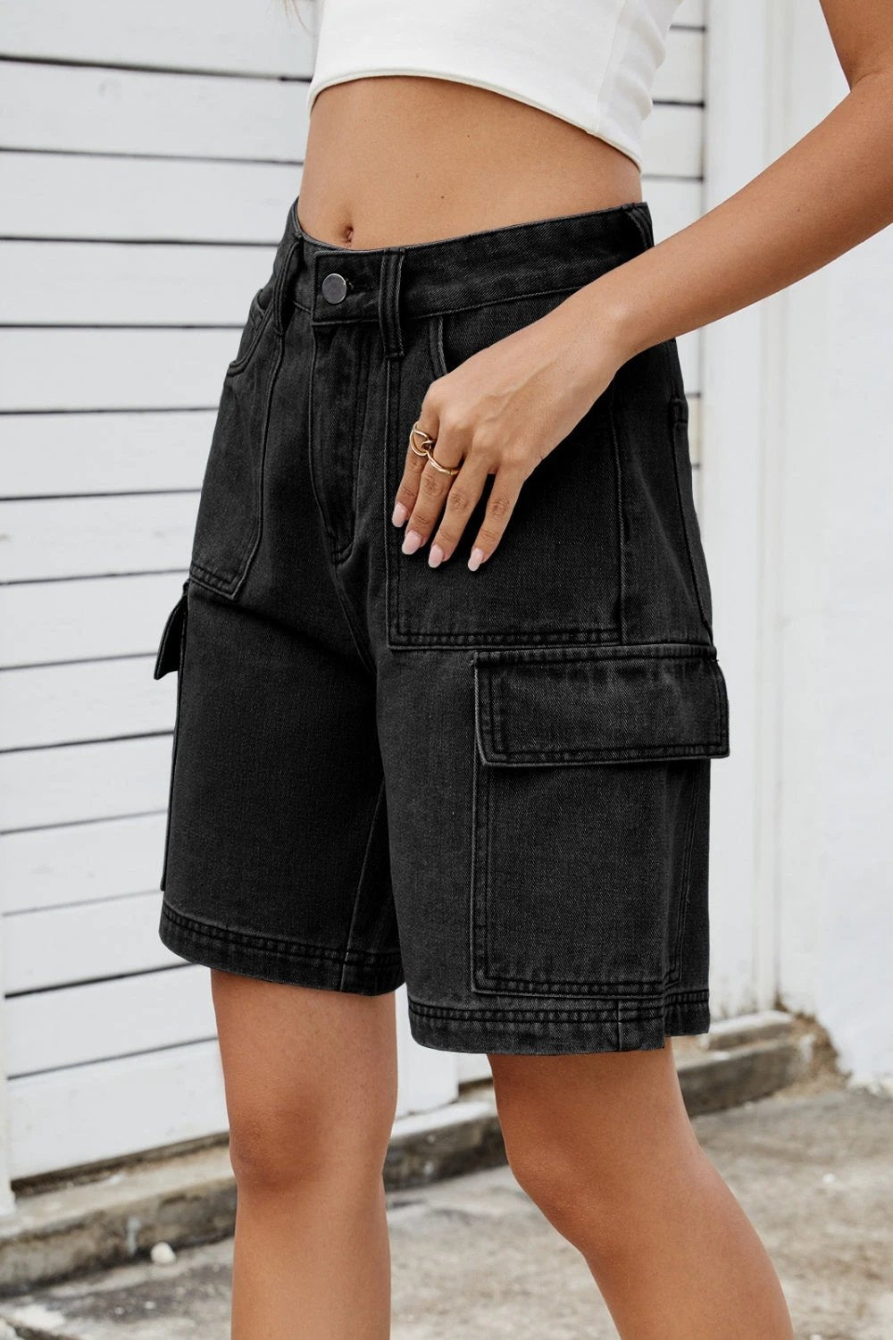 High Rise Denim Shorts with Cargo Pockets by Lady Ros
