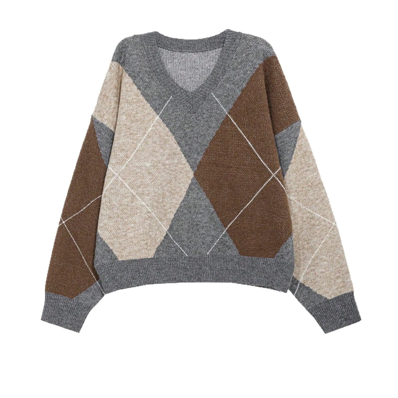 Retro Hit Color Diamond Lattice V-neck Sweater by GJG Denim