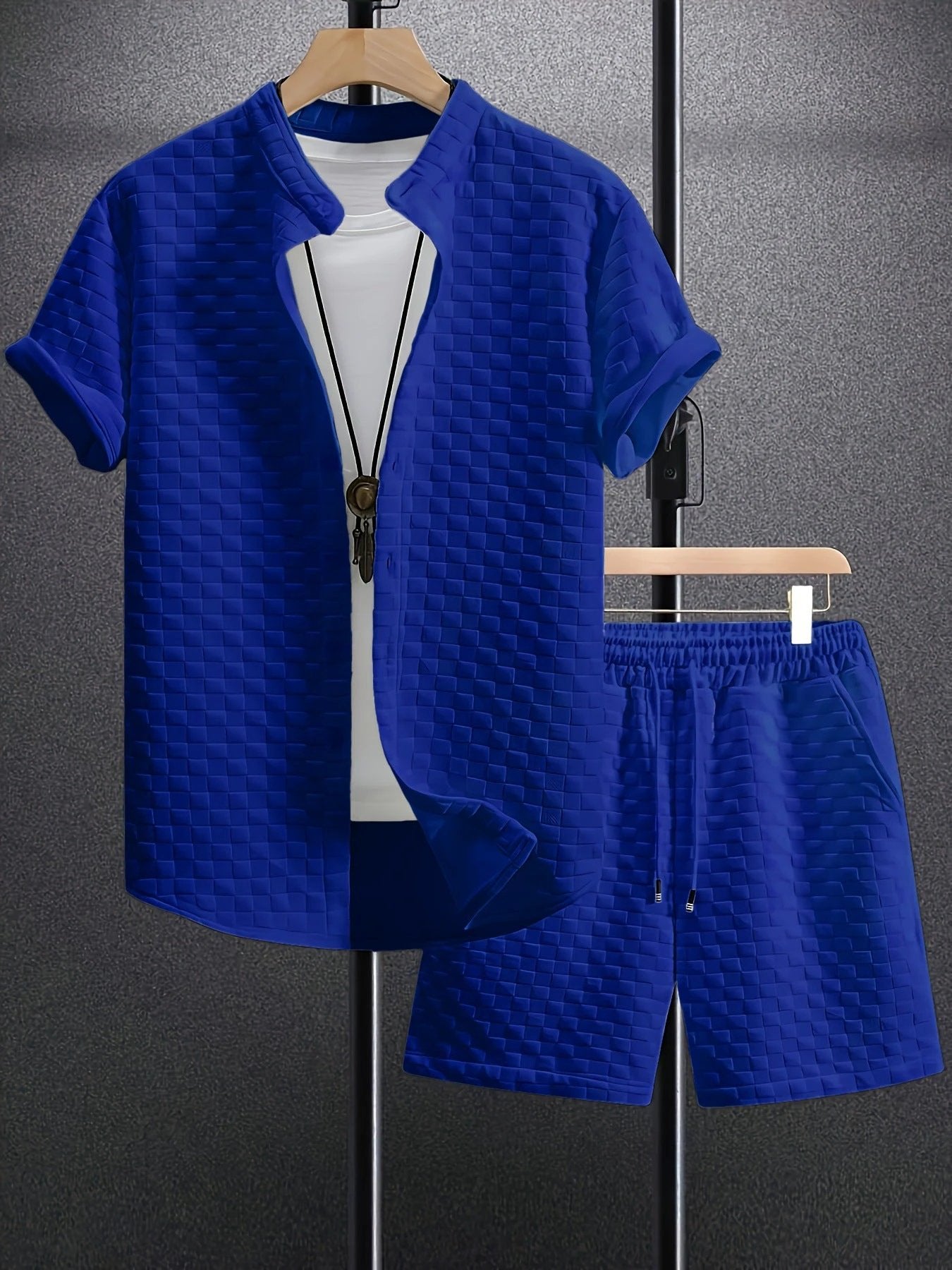 Men's Jacquard Casual Short Sleeve Shirt Set by GJG Denim