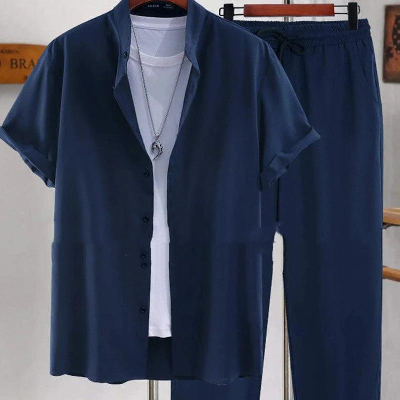 Men's Short Sleeve Stand Collar Shirt Pants Suit by GJG Denim