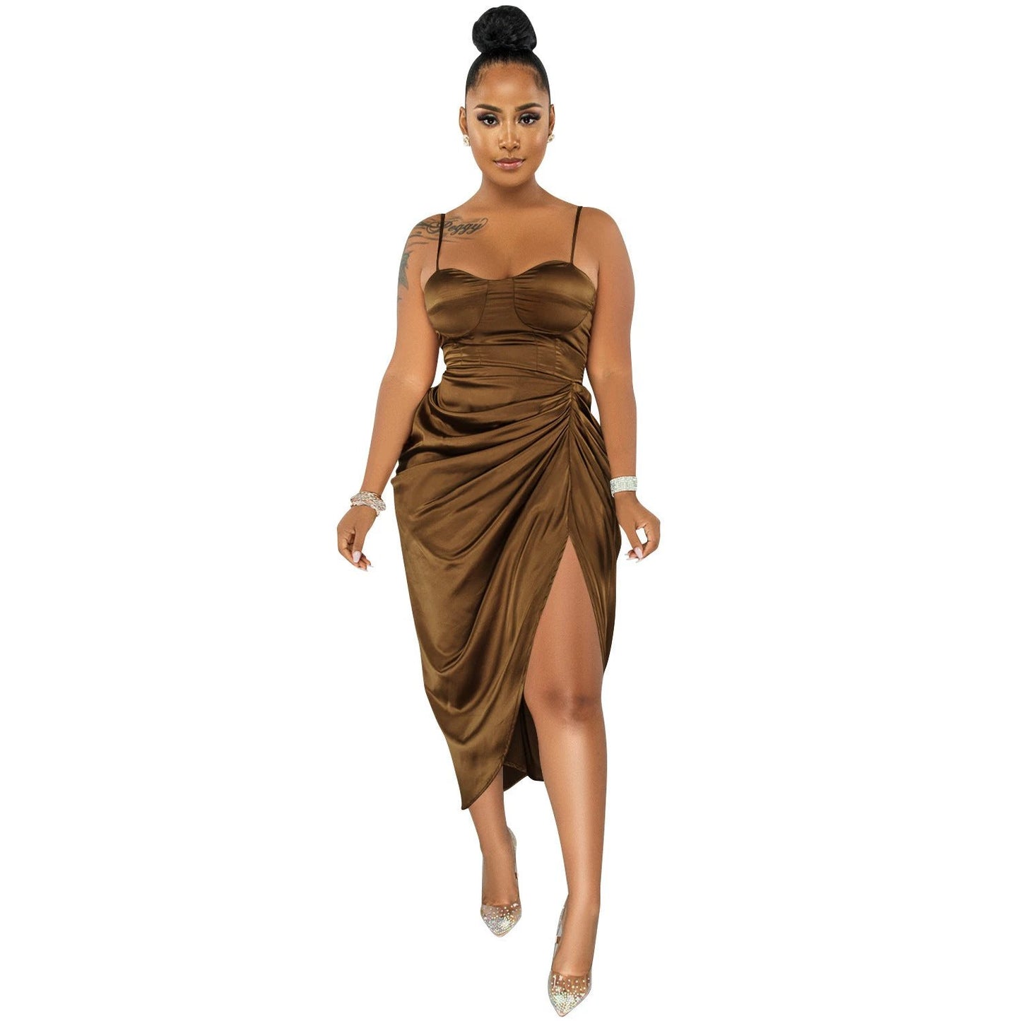 Fashion Solid Color Women's Sling Wrap Chest Ruched Slit Dress by GJG Denim
