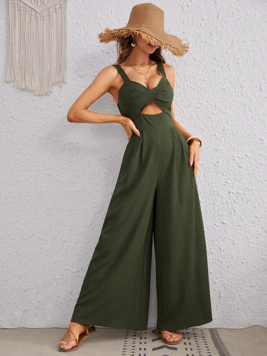 Women's Solid Color Loose Overall One Piece Summer Beach Jumpsuit With Spaghetti Straps by GJG Denim