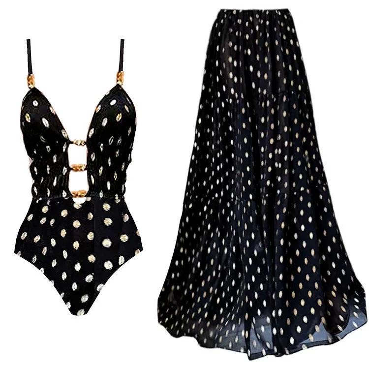 Deep V Retro Dots Printed One-piece Swimsuit Suit by GJG Denim